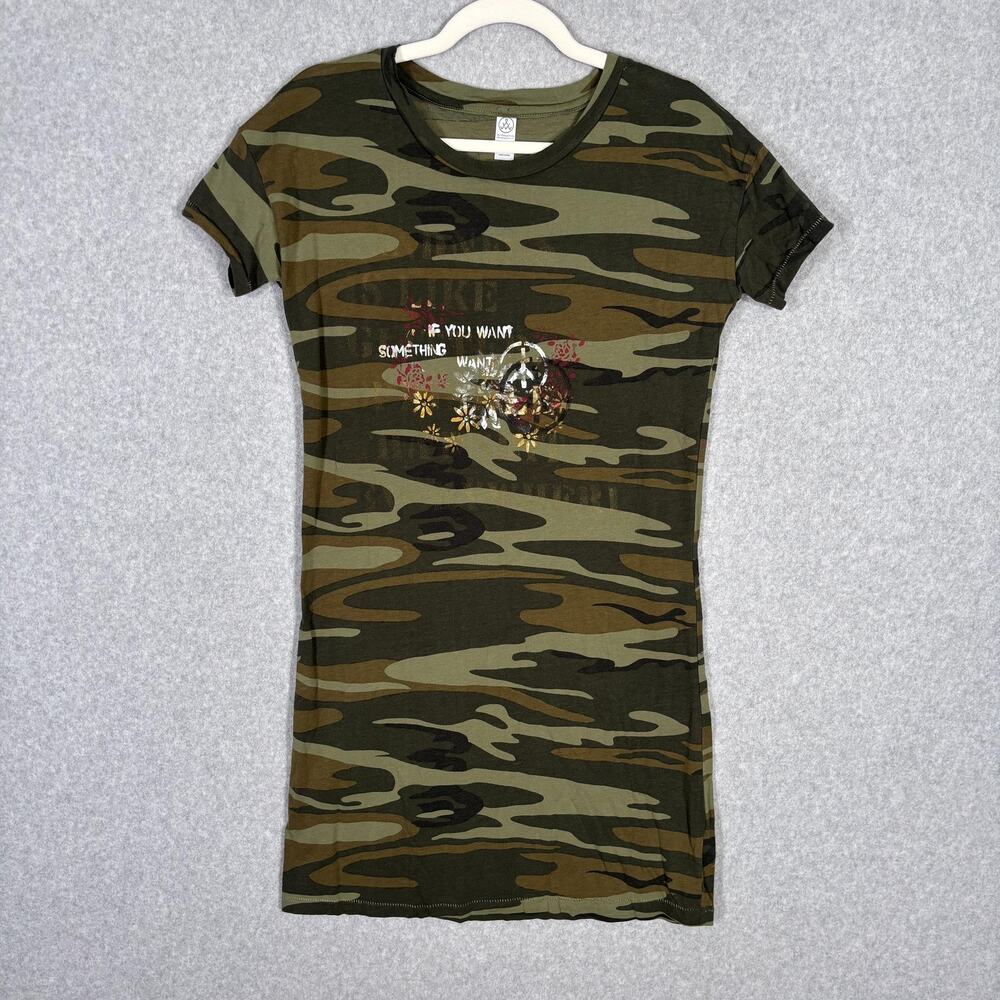 Alternative Apparel Camo Dress Small Stretch‎ Peace Flowers Army Grunge Indie